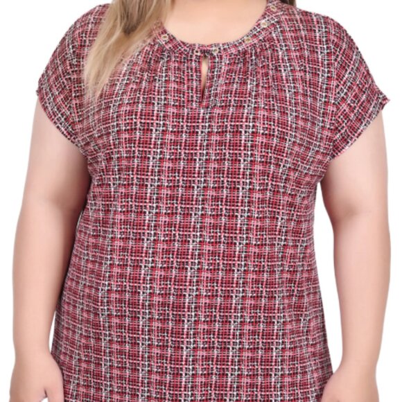 NWOT NY Collection Extended Sleeve Top with Grommets Rose Black Evolre Plaid 2X - Picture 3 of 8